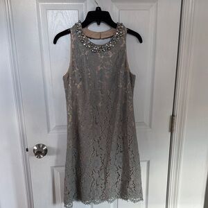 Eliza J Gray Lace Mini Dress with Embellished Neckline